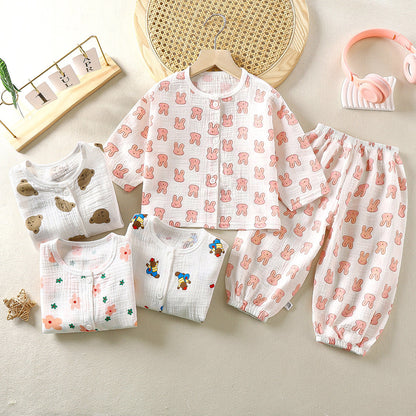 Children's Thin Double-layer Cotton Gauze Pajamas Summer Girls Home Clothes Boys Baby Long-Sleeved Bloomers Suit Spring and Autumn 