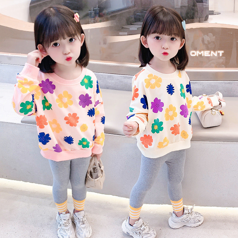 Children's 2023 Spring and Autumn New Girls' Sweaters, Casual, Versatile, Western-style Flowers, Small and Medium-sized Children's Tops, Baby Bottoming Shirts 