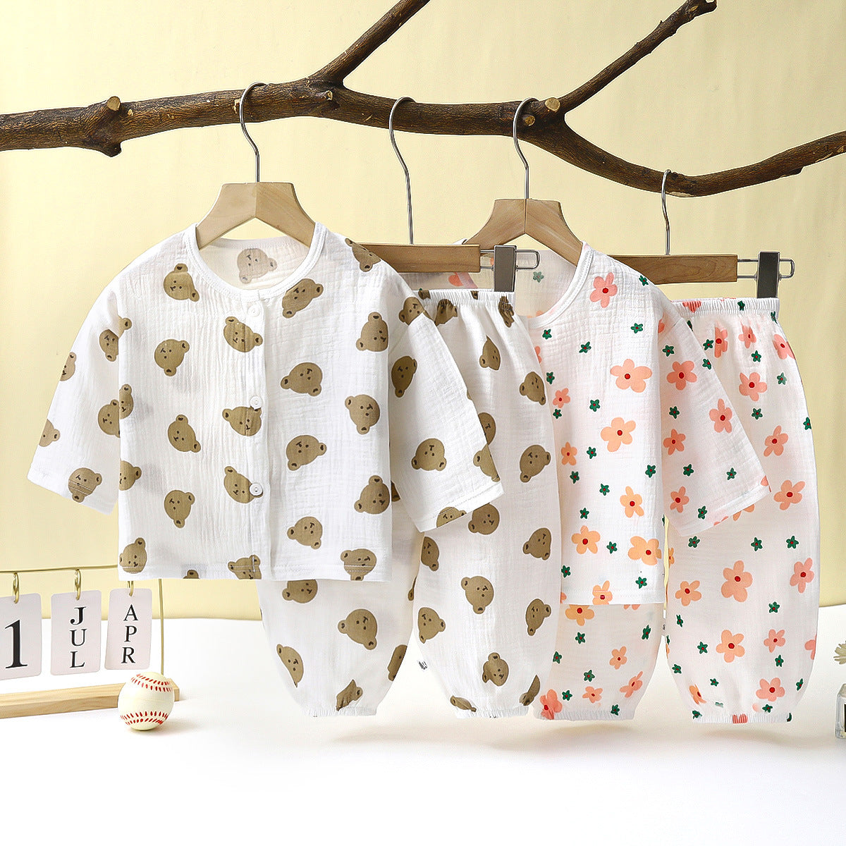 Children's Thin Double-layer Cotton Gauze Pajamas Summer Girls Home Clothes Boys Baby Long-Sleeved Bloomers Suit Spring and Autumn 