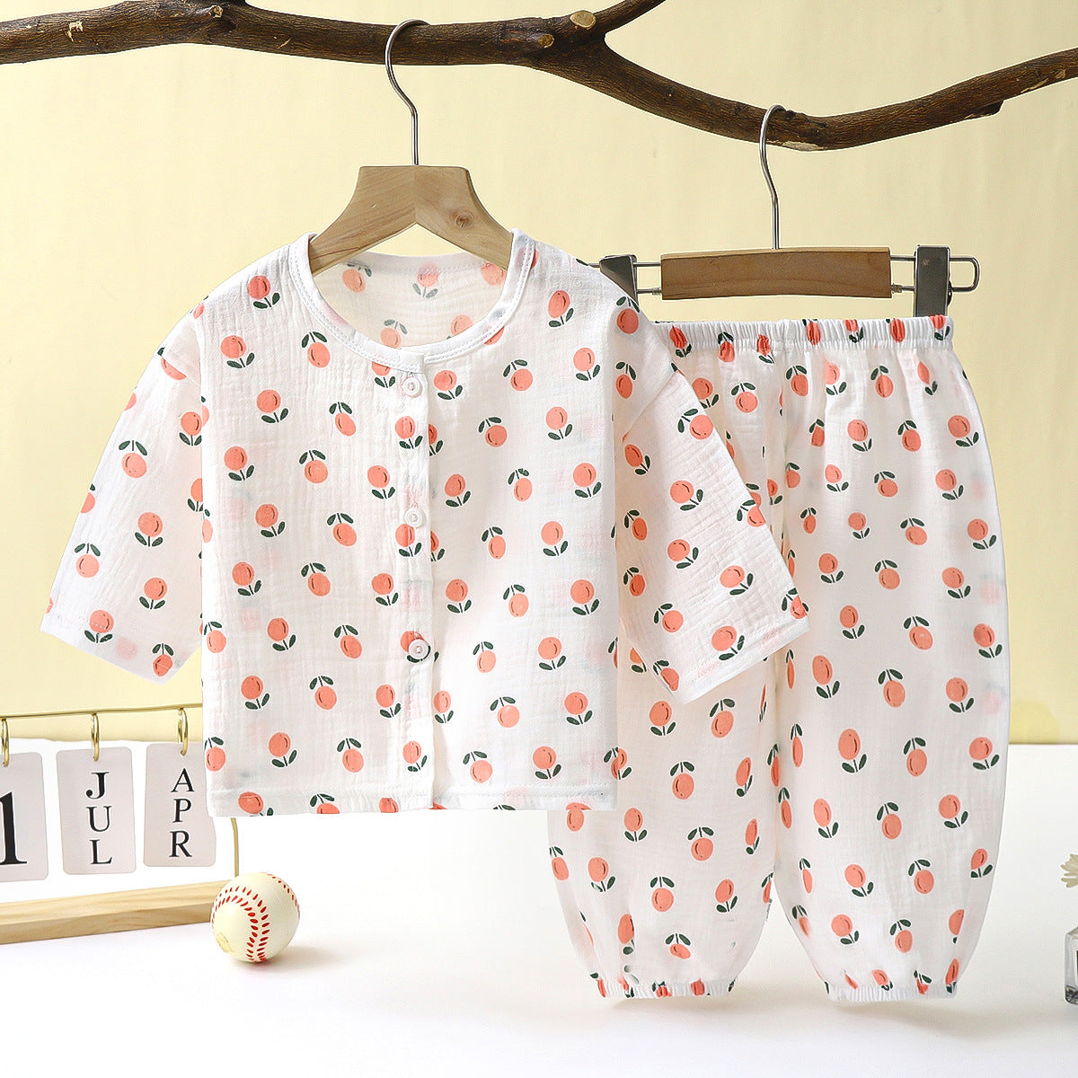 Children's Thin Double-layer Cotton Gauze Pajamas Summer Girls Home Clothes Boys Baby Long-Sleeved Bloomers Suit Spring and Autumn 