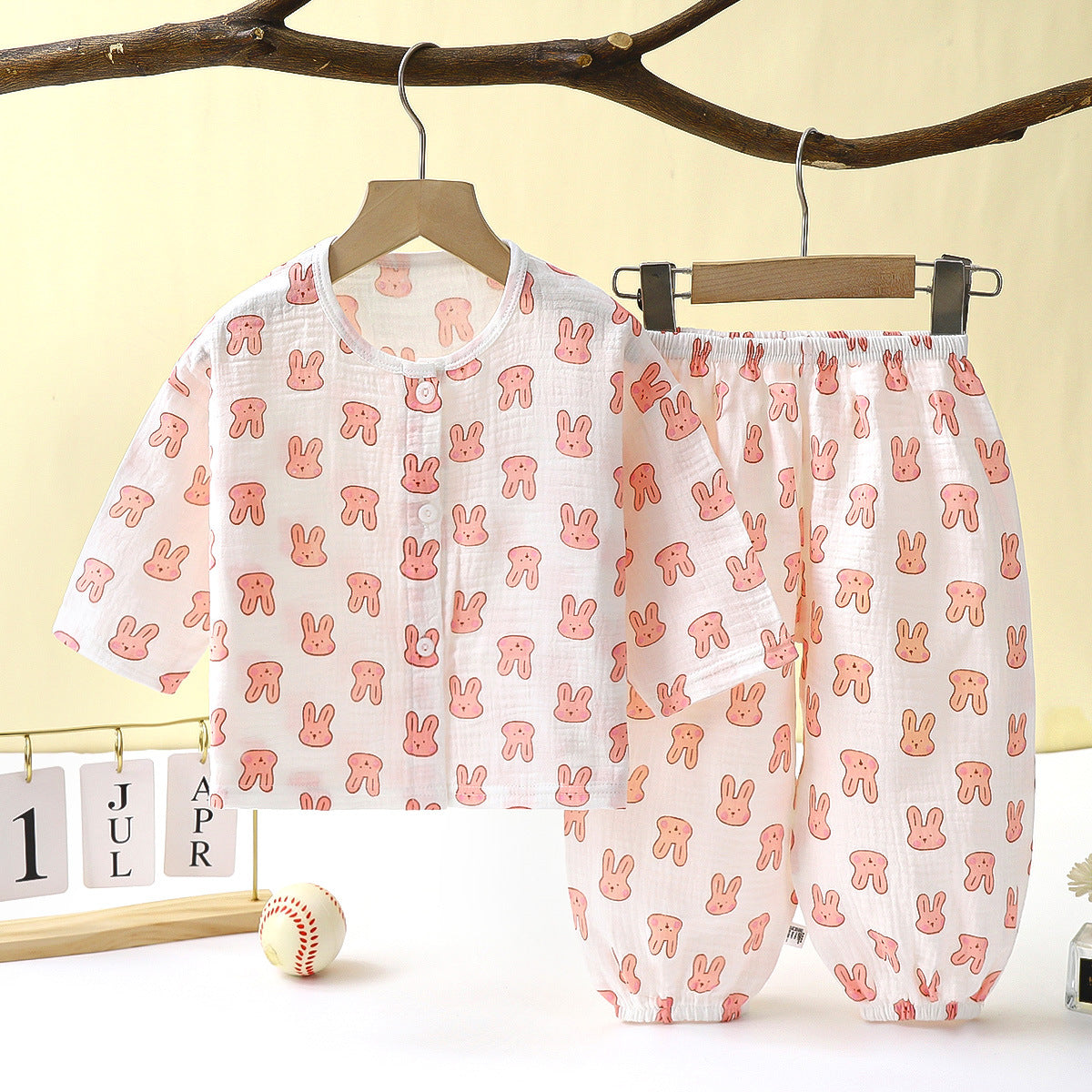 Children's Thin Double-layer Cotton Gauze Pajamas Summer Girls Home Clothes Boys Baby Long-Sleeved Bloomers Suit Spring and Autumn 