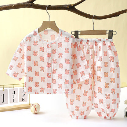 Children's Thin Double-layer Cotton Gauze Pajamas Summer Girls Home Clothes Boys Baby Long-Sleeved Bloomers Suit Spring and Autumn 