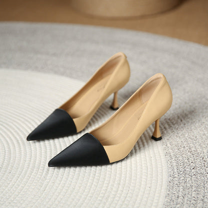 3351-5 pointed toe color matching high heels 2023 new European and American style small fragrant style shallow mouth thin heel single shoes for women