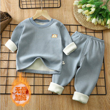 Children's warm suit plus velvet and thickened autumn and winter new baby base underwear, middle-aged children's autumn clothes and long pants children's suit