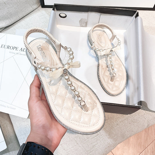 Grape Mom Studiolee Taoyuanhui ~ Gentle style pearl flip-flops with sparkling diamonds flat bottom all-match sandals for women 