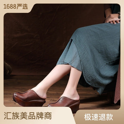 2022 summer popular women's slippers sandals genuine leather thick sole platform heel medium heel bag toe casual half slippers wholesale 