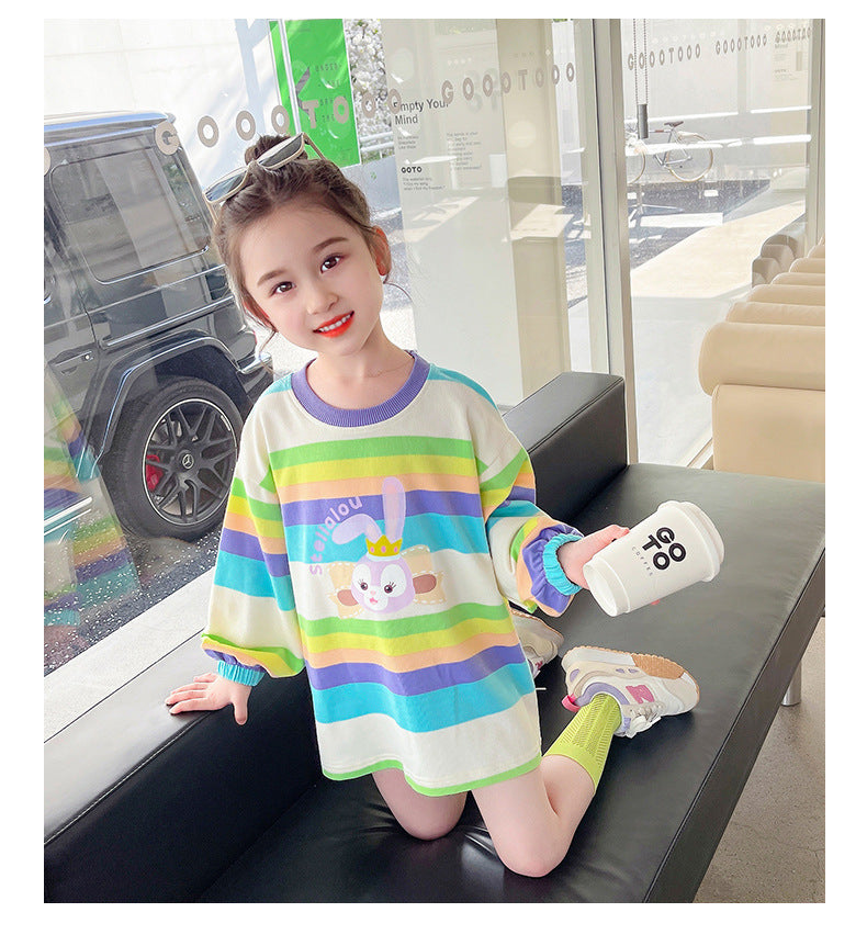 Star Dew Girls Striped Long Sleeve T-Shirt Dress Girls Cartoon Rabbit Dress Baby Skirt Spring and Autumn Fashionable Fashion 