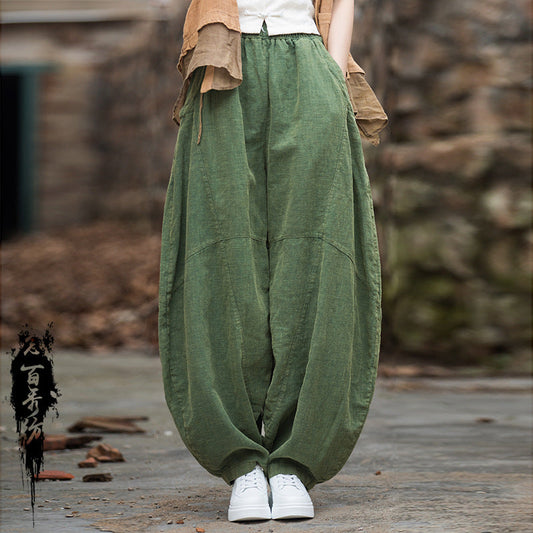 Ramie sand fried old hanging loose bloomers 23 summer cotton and linen women's new product meditation tai chi pants trousers 