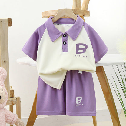 Children's short-sleeved suit summer thin new style boys waffle shorts suit summer clothes children's clothing wholesale 