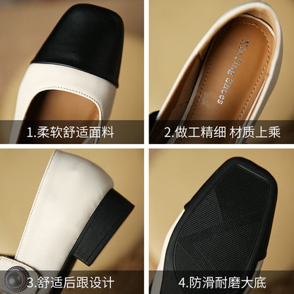 TX33-5 square toe flat Mary Jane shoes low heel shallow mouth pearl buckle single shoes women's color matching one-strap women's shoes