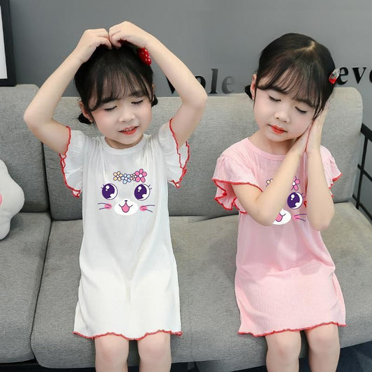 Bingliang 2023 New Summer Thin Cartoon Children's Ice Silk Nightgown Girls' Baby and Middle-aged Children's Air-conditioned Clothes Trendy 