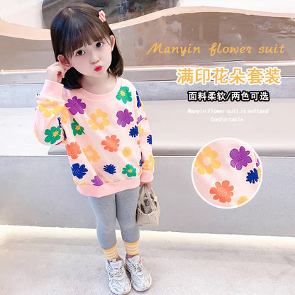 Children's 2023 Spring and Autumn New Girls' Sweaters, Casual, Versatile, Western-style Flowers, Small and Medium-sized Children's Tops, Baby Bottoming Shirts 