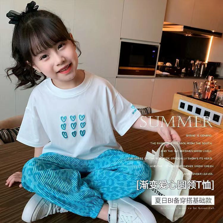 Cotton girls suit 2023 new internet celebrity girl short-sleeved T-shirt anti-mosquito pants two-piece children's sports suit 