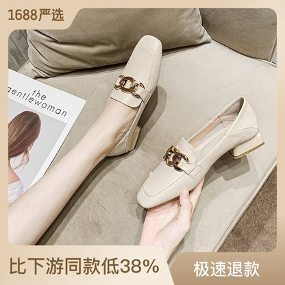 Daling Xin Yuda ~ Genuine leather thick heel single shoes for women spring and autumn new square toe medium heel loafers one-leg small leather shoes 